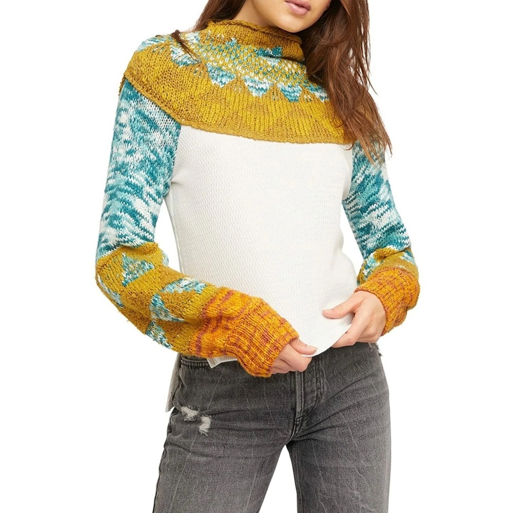 Free‎ People Womens Mixed Media Fair Isle Knit Thermal Sweater Size S Festival